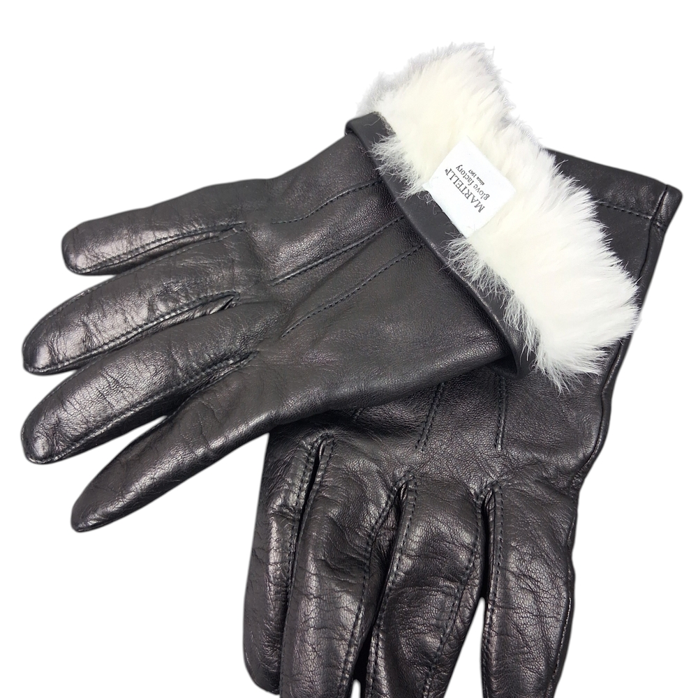 Martelli Italian Black Leather Gloves with White Rabbit Fur Trim Size 9